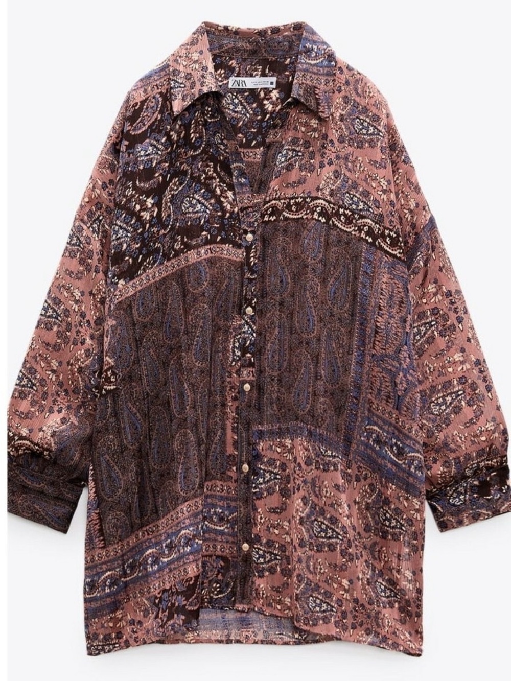 ZARA Boho Paisley Sheer Button-Up Blouse Pink Oversized